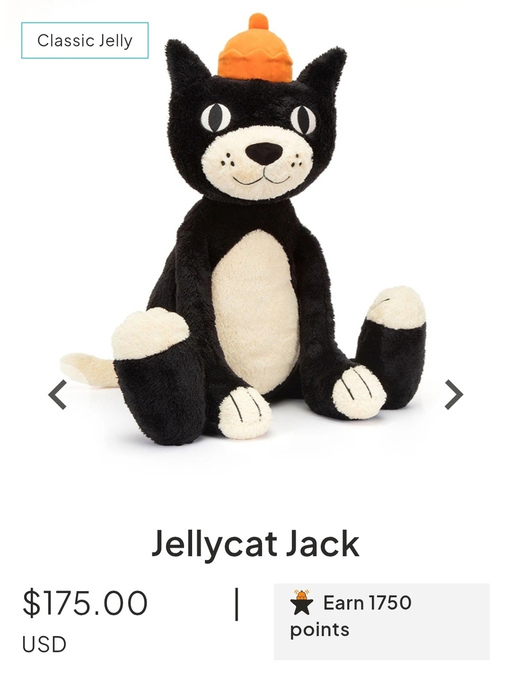 Jellycat Black & Cream Plush Cat with Orange Beanie